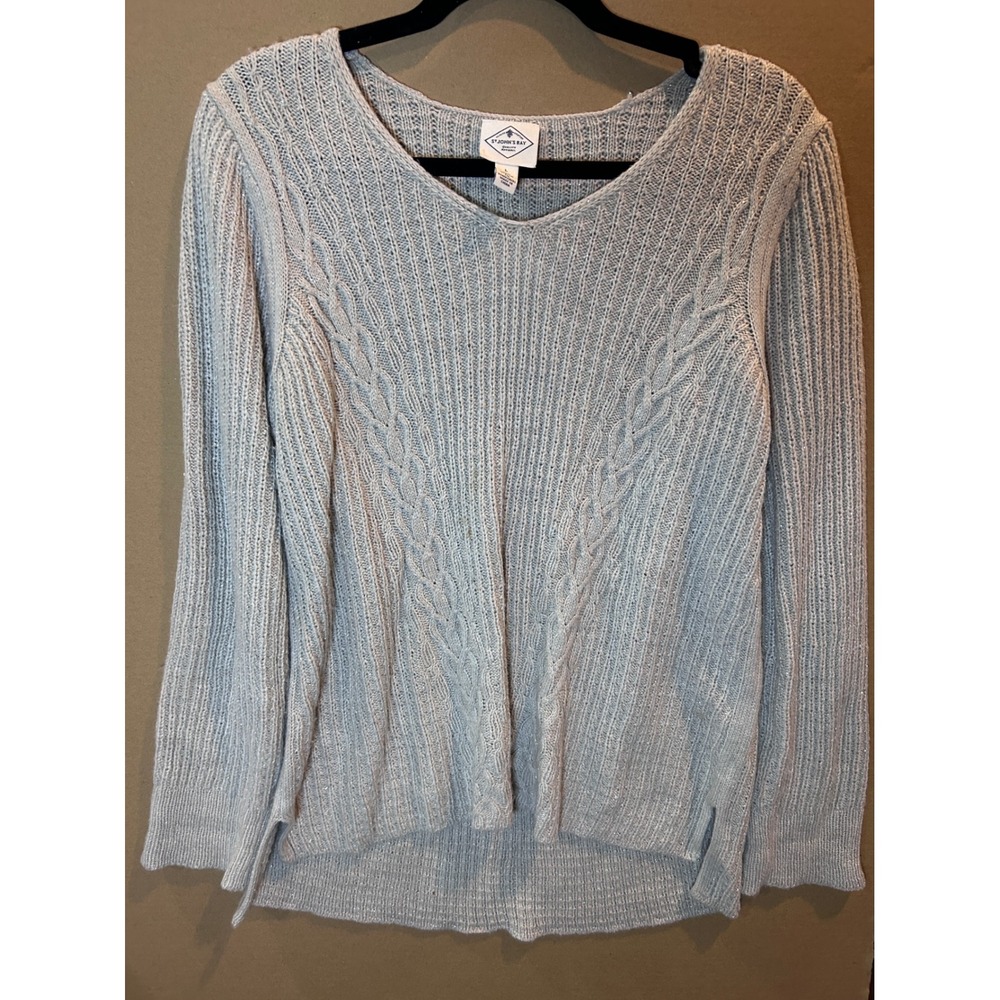St. Johns Bay Cable Knit Sweater Womens L Light Blue Metallic Excellent V-Neck